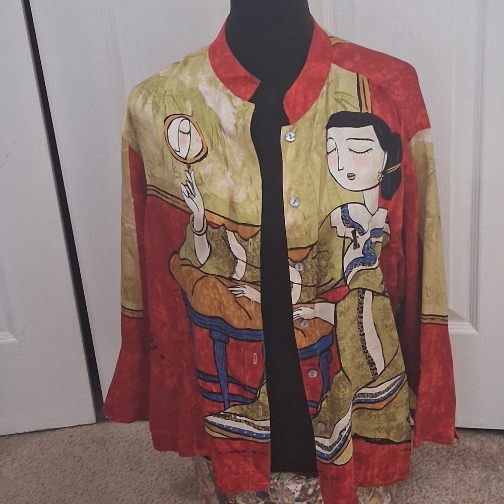 Chico's 100% Silk Asian  Art To Wear Blouse/Jacket   Size 2